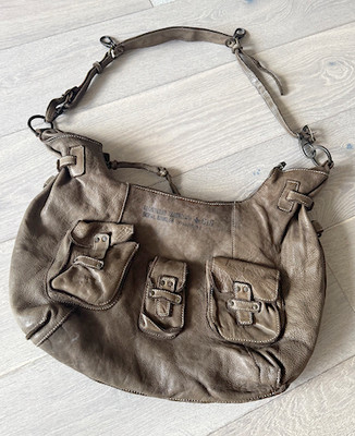 IKKS France Olive Brown Leather Shoulder Bag Adjustable Strap Pockets Zip Top