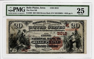 Belle Plaine IA #2012 1882BB $20 National Currency Note PMG 25 (1 Known)