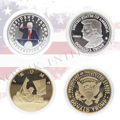 2 Pcs Trump Commemorative Coin Set - 2024 ''Fight'' Gold-Toned + 2017 Inaugural