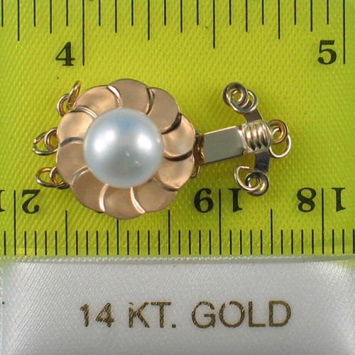 14K Yellow Gold Lotus Design Triple Strands (3 Rows) White Cultured Pearl Clasp - Picture 3 of 4