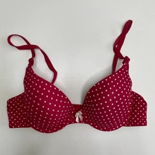 Maidenform T-Shirt Bra 34A Red Satin Padded Cup Underwire Adjustable Polka Dots