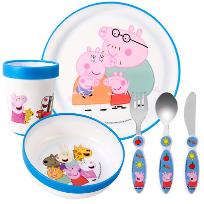 Peppa Pig Kinder 6-teiliges Geschirr Besteck Set - Teller/Schüssel/Tasse/Messer/Gabel/Löffel