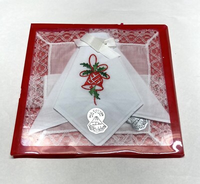 Vintage DESCO Christmas Hankies Set Of 2 Embroidered RED BELL- NOS