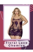 Pure Romance lingerie Floral Lace  Mesh Chemise Purple Large New Sealed Bag