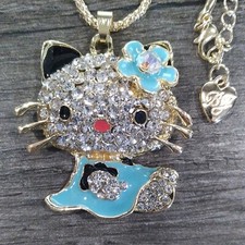 Eclectic Whimsical HELLO BLUE KITTY FLOWER BOW Rhinestone Pendant Necklace