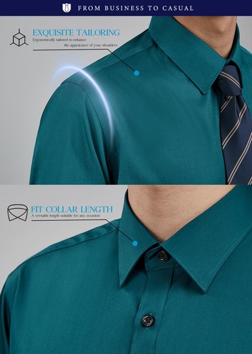 HISDERN Men's Dress Shirt Long Sleeve Teal Button up Shirt Regular Fit Size XL - Picture 3 of 8