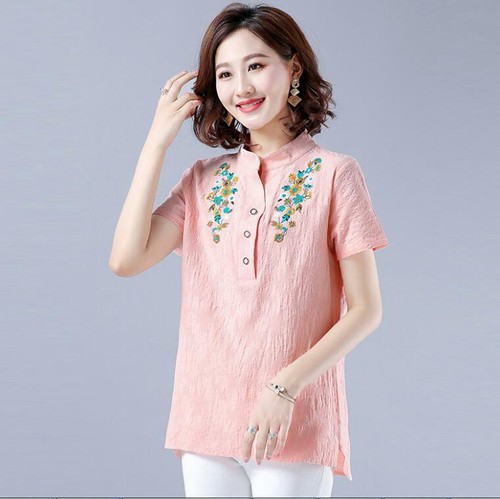 Blusa Camisa Top Mujer Retro Étnica Bordada Lino Algodón Manga Corta - Imagen 3 de 14