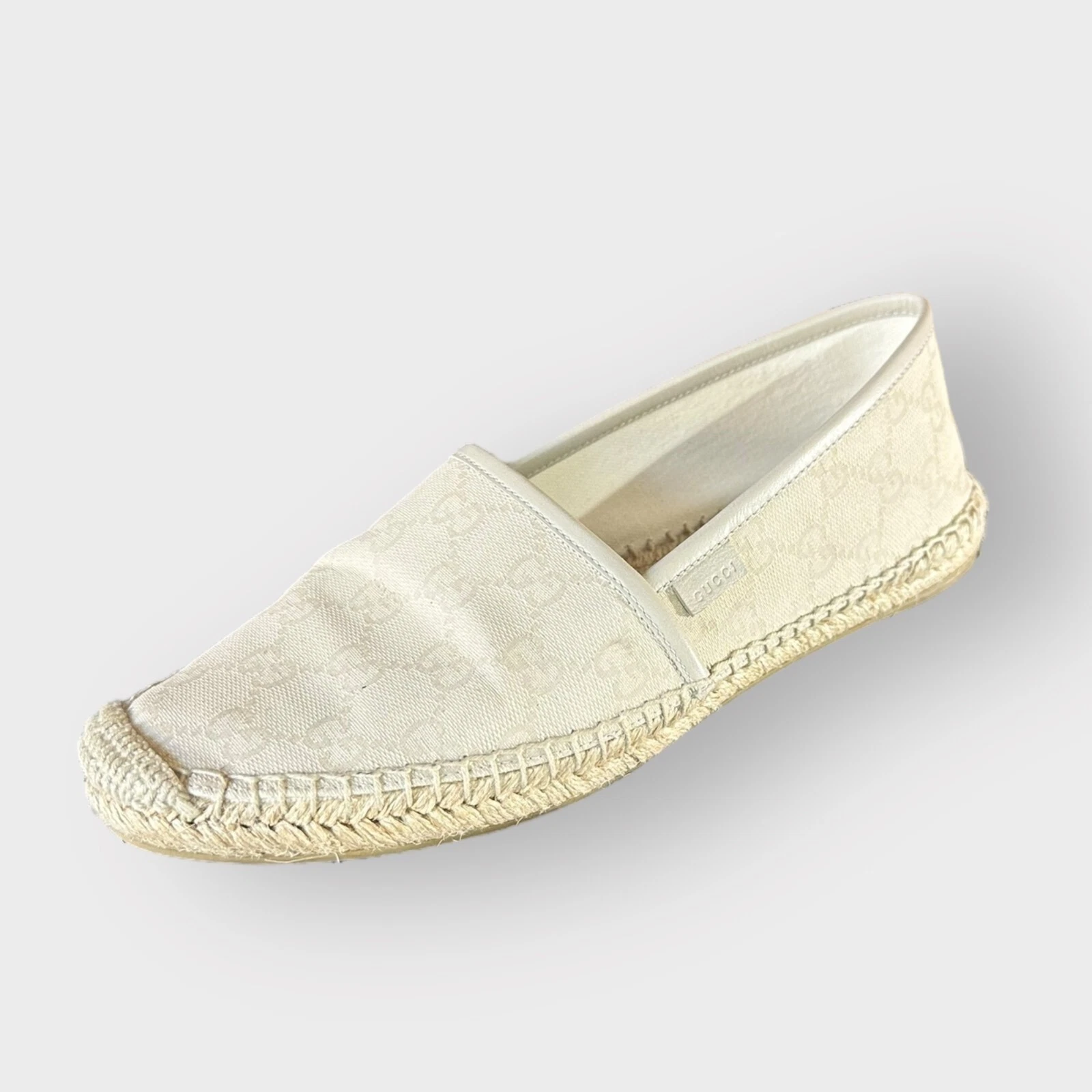 Authentique Gucci Espadrilles GG Monogramme Toile Ivoire et Beige Chaussures Taille 39,5IT