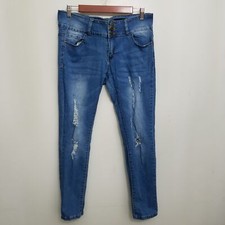Bamboo Womens Jeans 15 Hi Rise Skinny Destroyed Medium Wash Whiskered Stretch