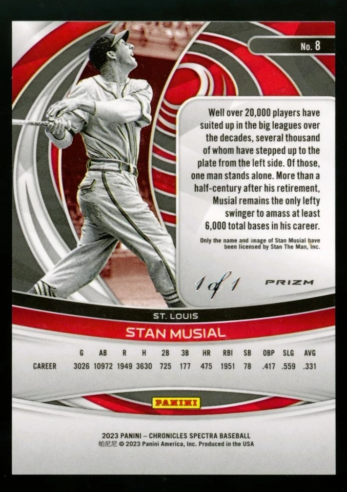 Panini Chronicles Stan Musial Spectra 2023 negro finito superfractor 1/1 patio Foto 2 de 2