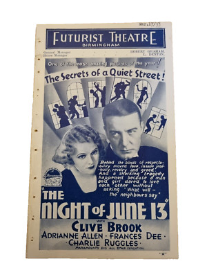 1933 Cinema Programme The Night of June 13 / The Sporting Widow George Raft