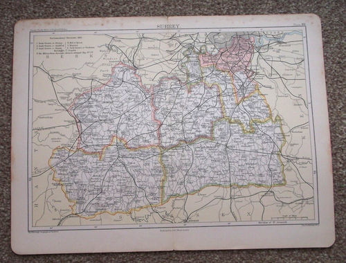 c.1885 Antique Map of Surrey Plate 40 Published by A&C Black London.