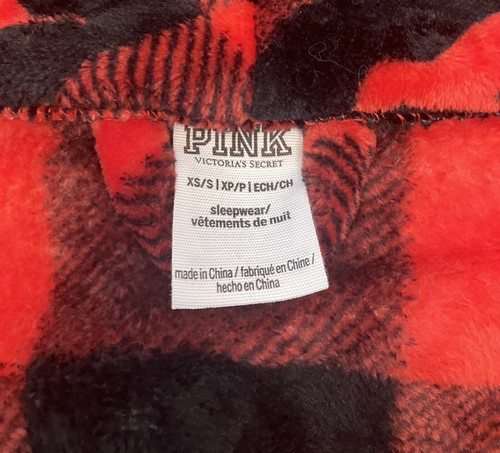 Victoria Secret Bademantel Damen XS schwarz rot kariert vorne zum Binden Hund bedruckt Morgenmantel