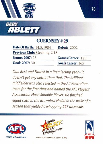 2008 GEELONG CATS AFL Card GARY ABLETT - Picture 2 of 2