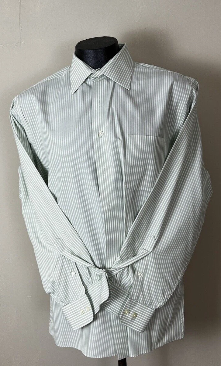 CK Calvin Klein Green White Striped LS Dress Shirt Size XL 17.5 34