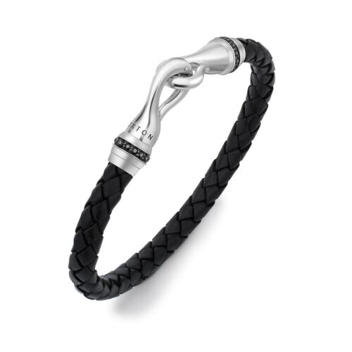 Hoxton London Mens Sterling Silver Black Sapphire silver and Leather Bracelet - Picture 1 of 4