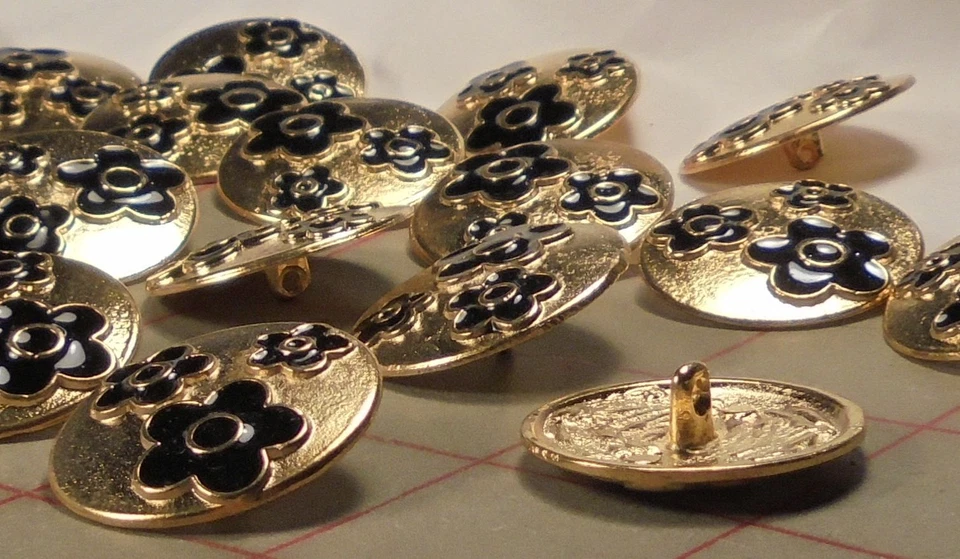 8 XLG Gold Color Italian Metal Shank Buttons 3 Black Enamel Flower Design 1-18" - Image 2 of 4