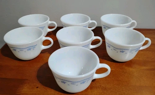 Vintage Pyrex Morning Blue Flowers Coffee / Tea Cups Set Of 7 Milk Glass USA