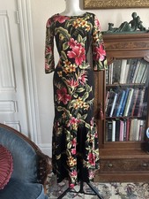 Vintage 1950s Style Vamp Black Hawaiian Fishtail Maxi Dress Floral Barkcloth