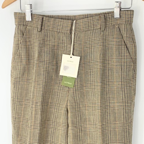 Lilysilk Women Dress Pants Brown Plaid Straight Wide Leg Wool Linen Silk Sz 4 - Picture 3 of 14