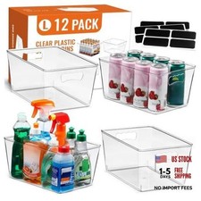 12 PACK LARGE Clear Storage Bins with Handles Labels, Multiuse Plastic