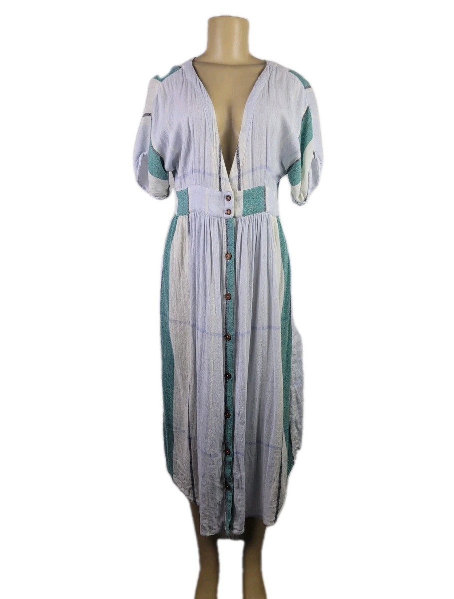 Oneill Reid Striped Midi Dress White Green Button Plunge Short Sleeve Sz M  Beach | eBay