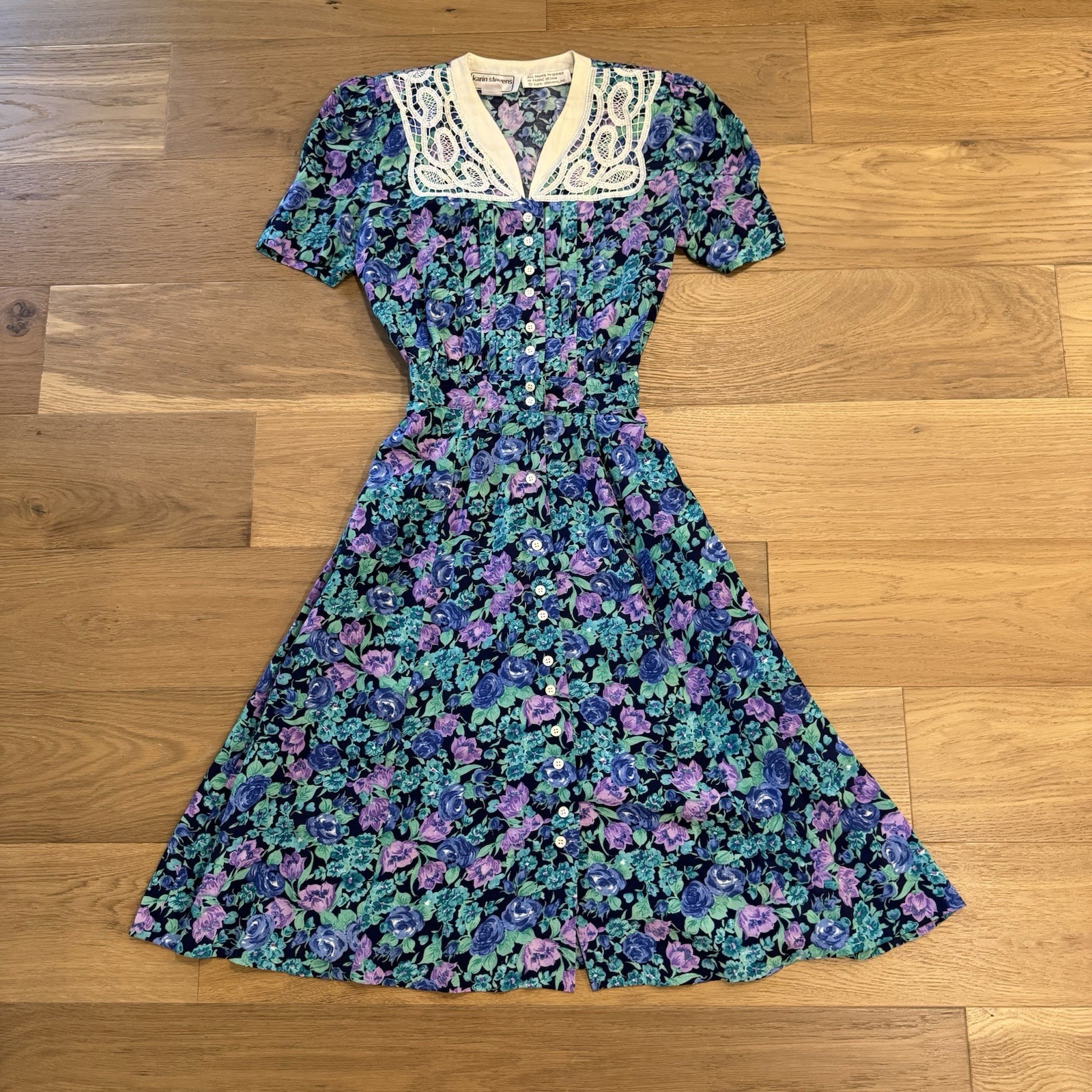Vintage Karin Stevens Cottagecore Lace collar Maxi Dress 4 Petite Purple Blue