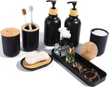 7 Pcs Matte Black Bamboo Bathroom Accessories Set Soap Dispenser Toothbrush