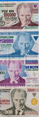 Turkey 100000, 250000, 1000000, 5000000 Lira P-205b,211,213(2),210b(2) Circ TK#3 - Picture 3 of 4