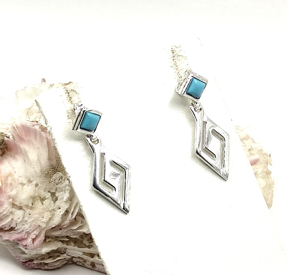 Handmade Greek Key Meander Sterling Silver 925 Stud Earrings with Turquoise - Image 2 of 4