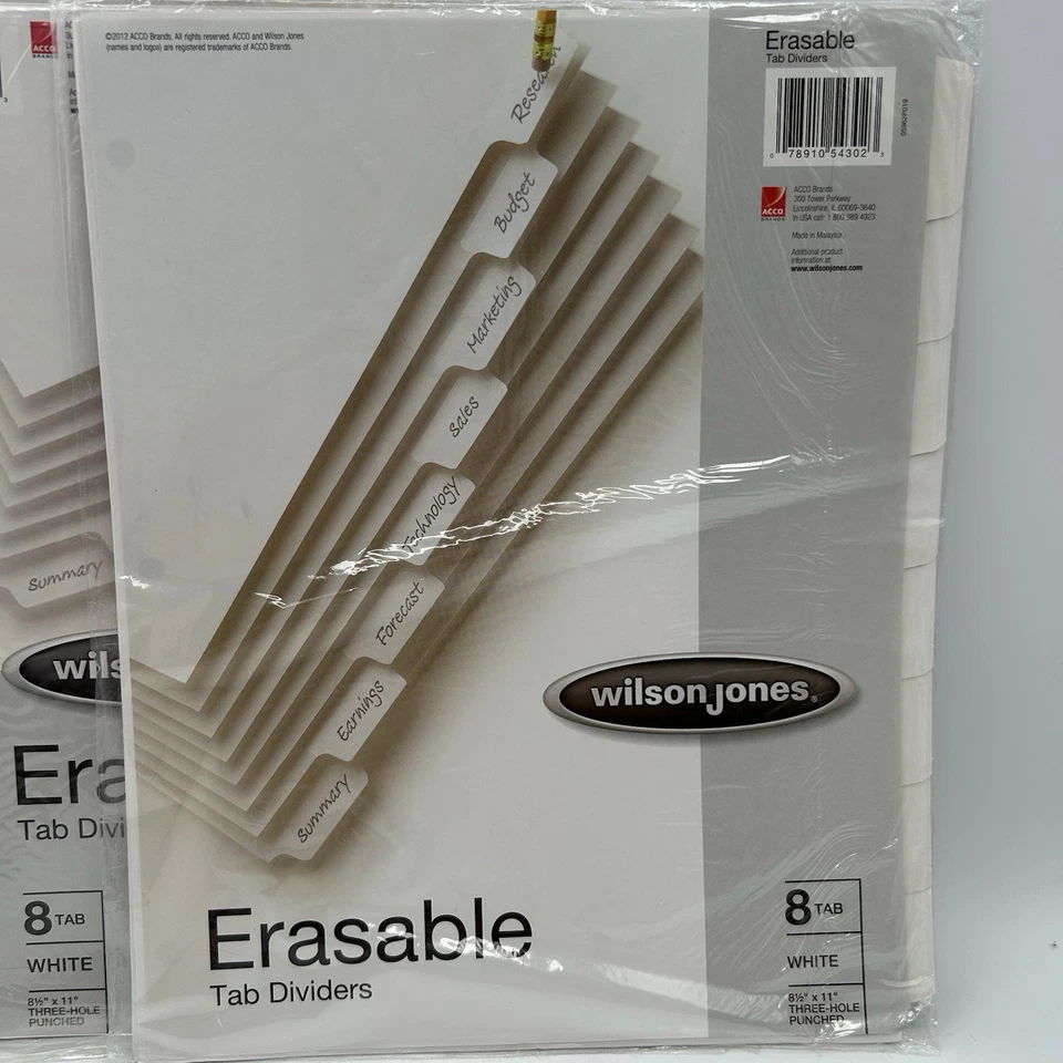 Divisores de pestañas borrables Wilson Jones, juego de 8 pestañas, pestañas blancas perforadas de 3 agujeros (4 paquetes) Foto 2 de 4