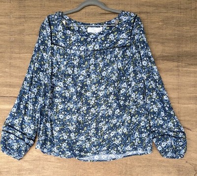 Time And Tru Wms Sz L Long Sleeve Loose Fit Peasant Top Boho Blue Flowers Floral