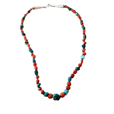 Native American Navajo Sterling Turquoise Coral Nugget Necklace Heishi 20.5''