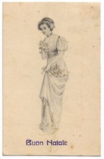 Cartolina augurale - Buon Natale - Giovane donna con fiori - 1915