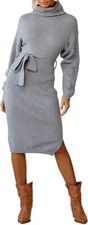 Women's Basic Turtleneck Tie Waist Knit Pencil Bodycon Midi Sweater Dress
