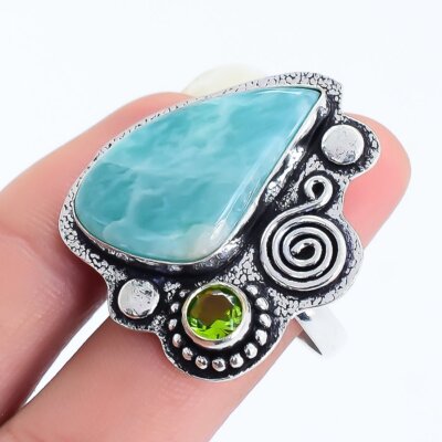 Amazonite, Peridot Gemstone Handmade Silver Jewelry Ring Size 8.5 RRJ16657