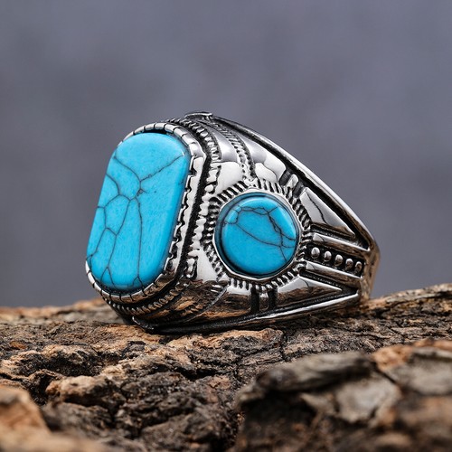 Mens Jewelry 316l stainless steel Oval blue turquoise men ring stone Size 7-15 - Picture 4 of 8