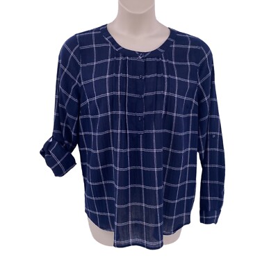 Skies are Blue Womens Blouse Size XL Navy Blue White Check Roll Tab Long Sleeve