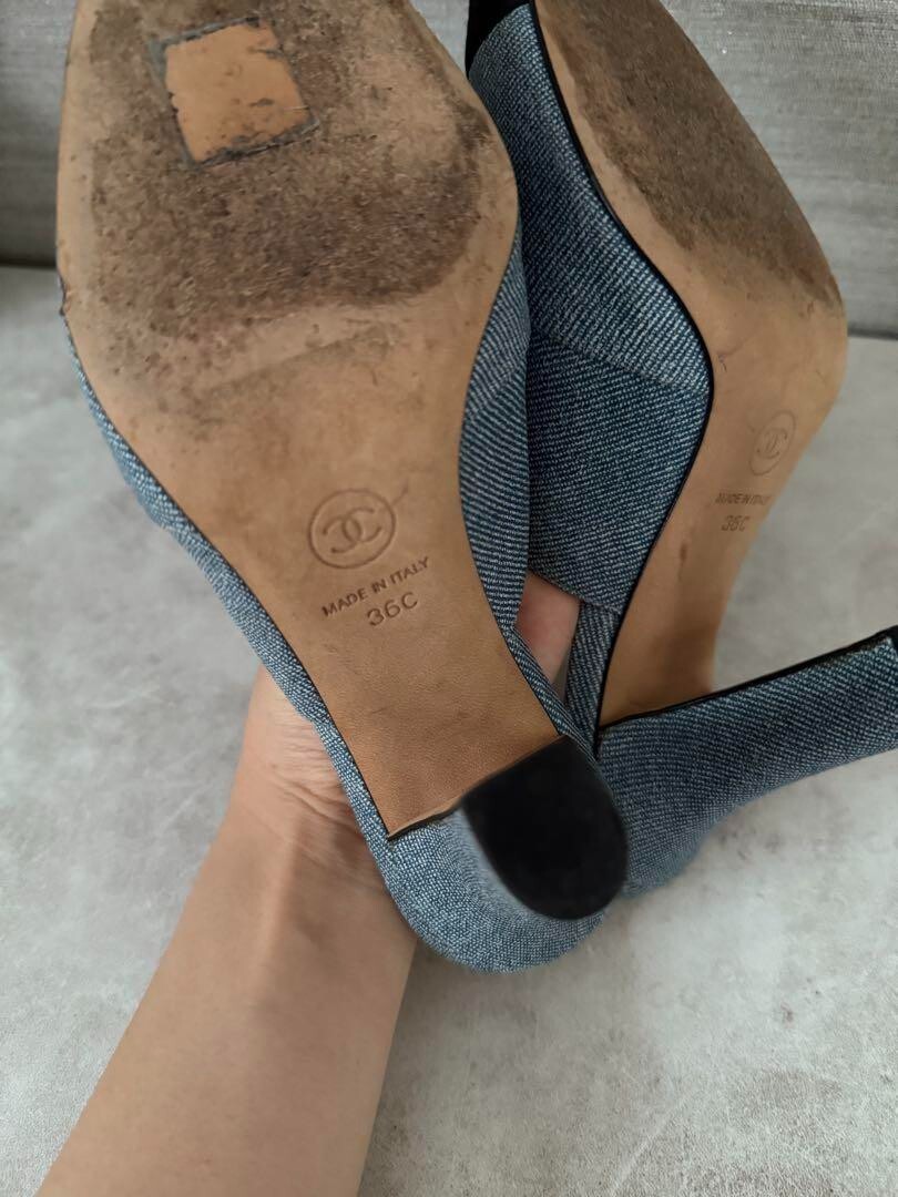 CHANEL COCO MARK Denim Heel Sabo Sandals Mules Pumps Shoes