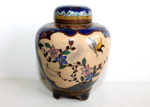 JOLIE ANCIEN VASE POTICHE CHAKINSEKI ÉMAUX CLOISONNÉ BRONZE POUDRE OR JAPON XIXe - Picture 3 of 10