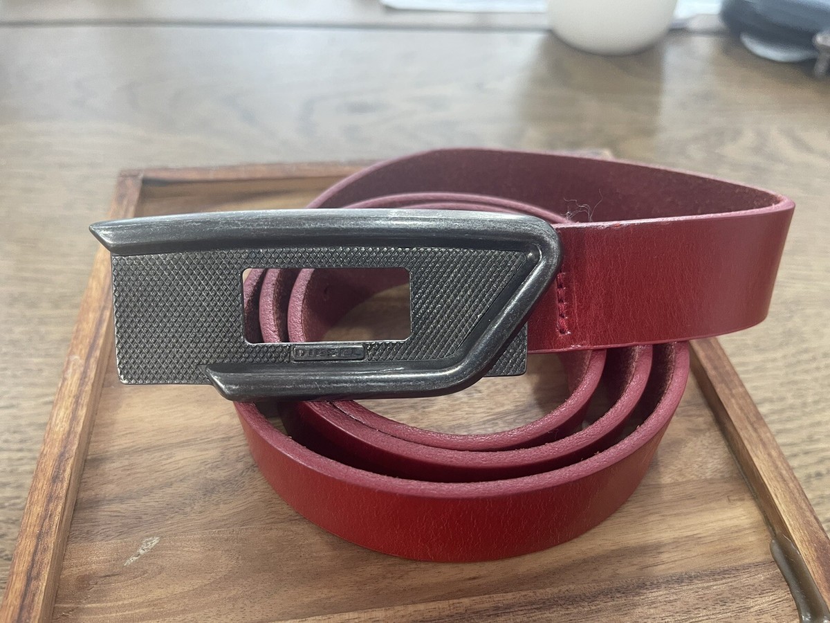 DIESEL Red Vintage Buckle Leather Belt Logo Size 40 Inch Red Mens