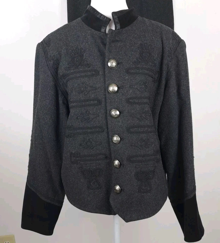 Vtg Cambridge Dry Goods Wool Blend Skirt Suit Size 10 Gray Military Velvet Trim - Image 2 of 4