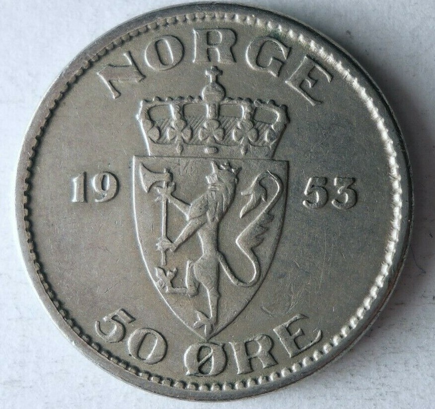 1953 Norwegen 50 Öre - Ausgezeichnete Sammlerstück Münze Norwegen
