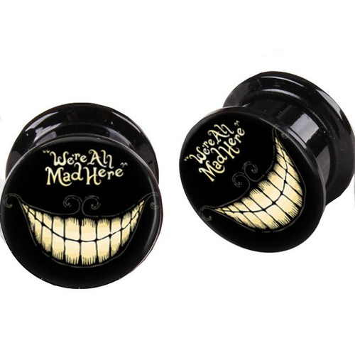 PAIR ALICE WE'RE ALL MAD HERE Ear Gauges Ear Plugs Flesh Tunnel Acrylic SCREW - Picture 2 of 2