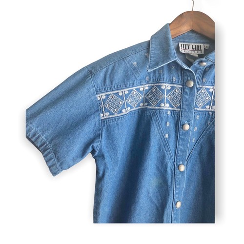 Vtg 80s City Girl Sport Denim Silver Embroidered Button Up Shirt Sz 4 Western - Picture 2 of 9