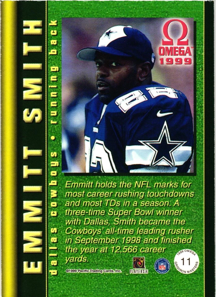 1999 Pacific Omega Gridiron Masters #11 Emmitt Smith - Image 2 of 2