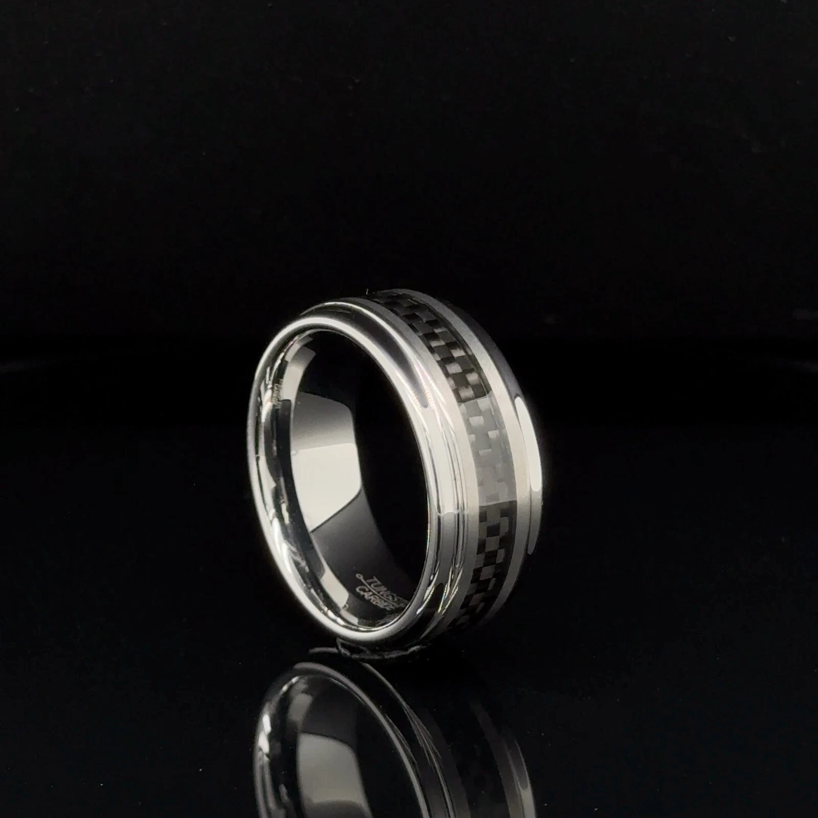 Unisex 9mm Brushed Silver Tungsten Ring Black Carbon Fiber Inlay Durable Band