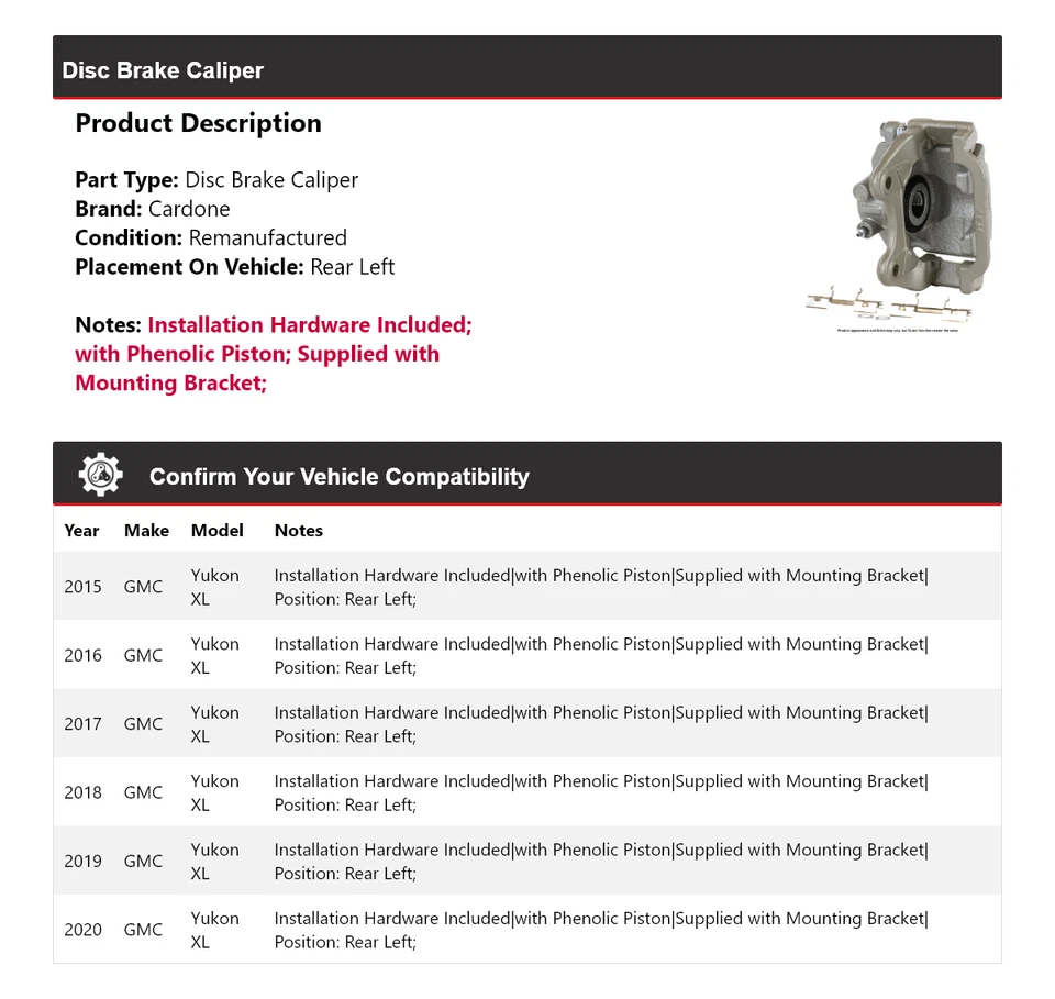 For 2015-2020 GMC Yukon XL Disc Brake Caliper Rear Left Cardone 2016 2017 2018 - Image 2 of 4