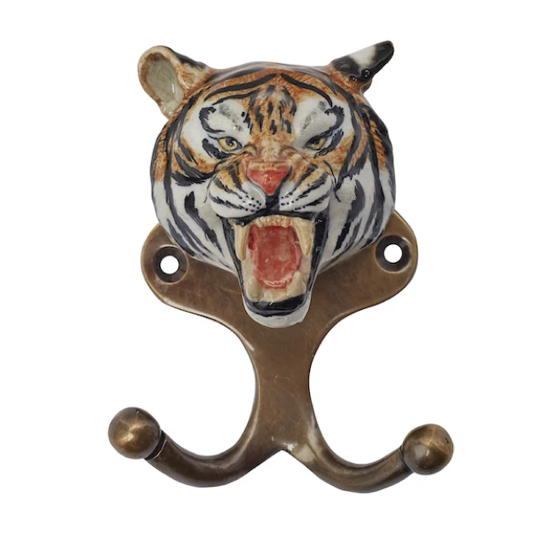 Ceramic Hook By And Mary Roaring Tiger  Antique Brass Finish