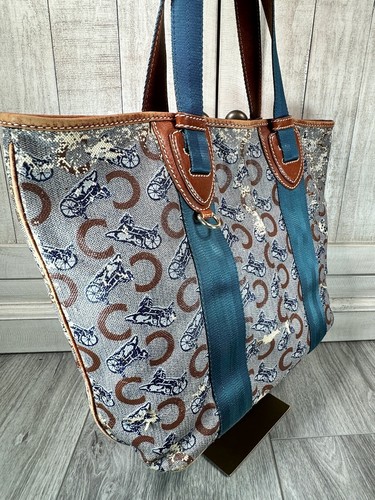 Celine Macadam Pattern Shoulder Bag Tote Authentic Brown Logo Aqua Handles - Picture 3 of 23